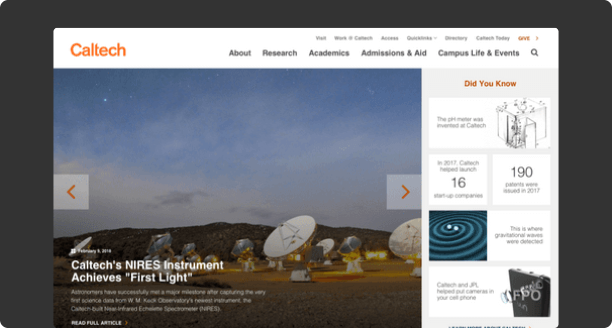 Caltech website desktop homepage design