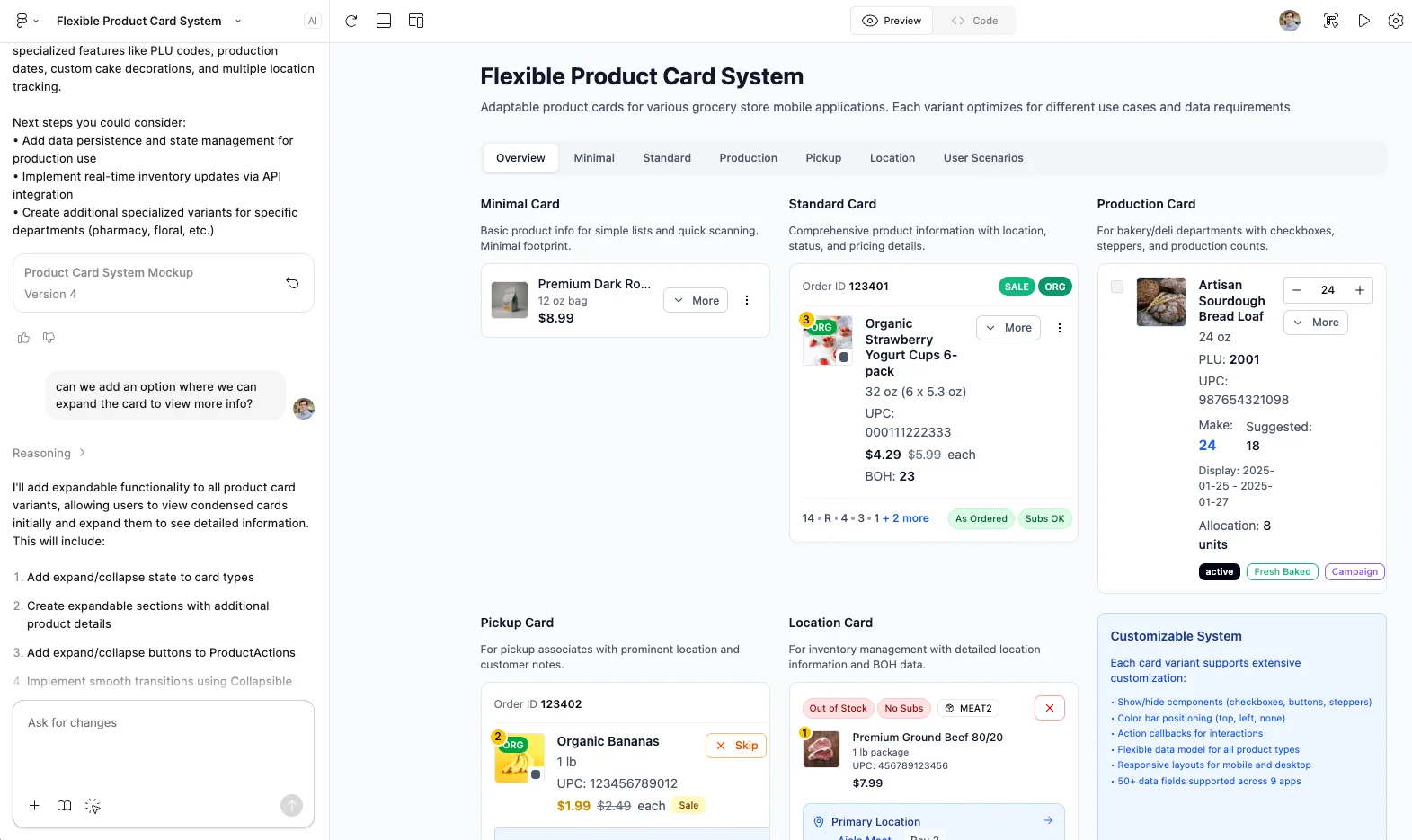 Interactive prototypes showing unified card variations