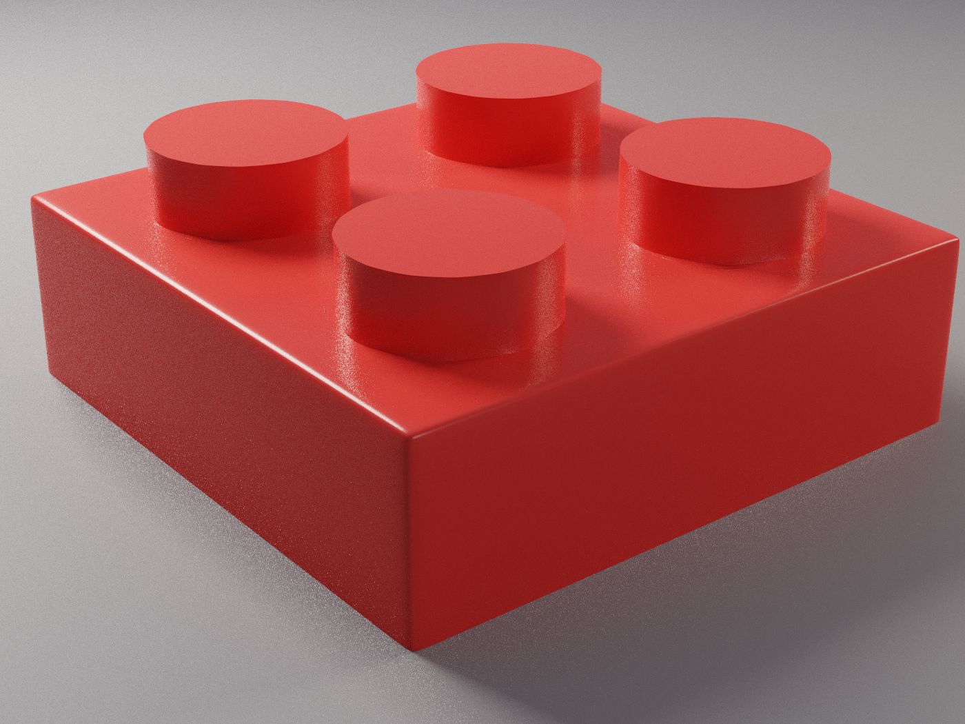 Clean glossy red 2x2 LEGO-style brick render
