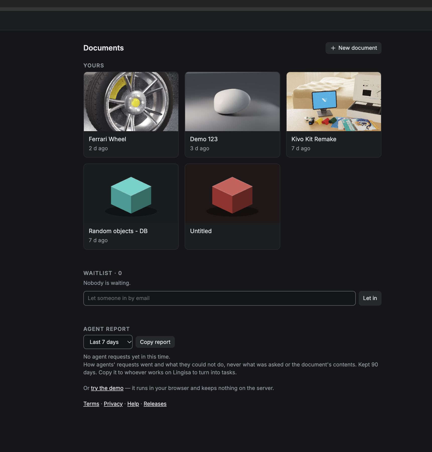 Documents page with path-traced thumbnails for each document