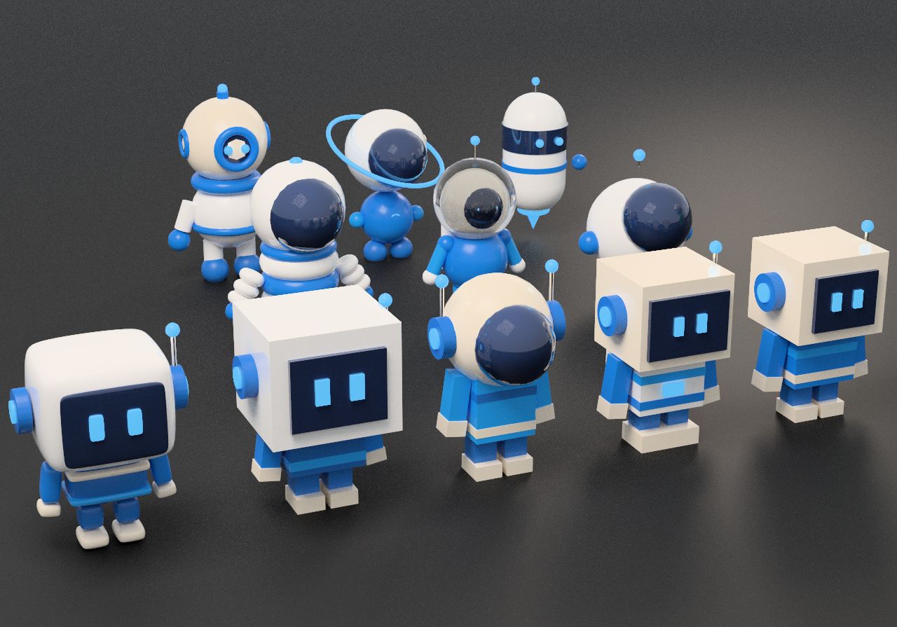 A lineup of robot and astronaut mascot concepts rendered together