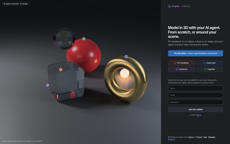 Lingisa welcome page with a path-traced still life of a red sphere, gold ring, ice cube and soap bubble.