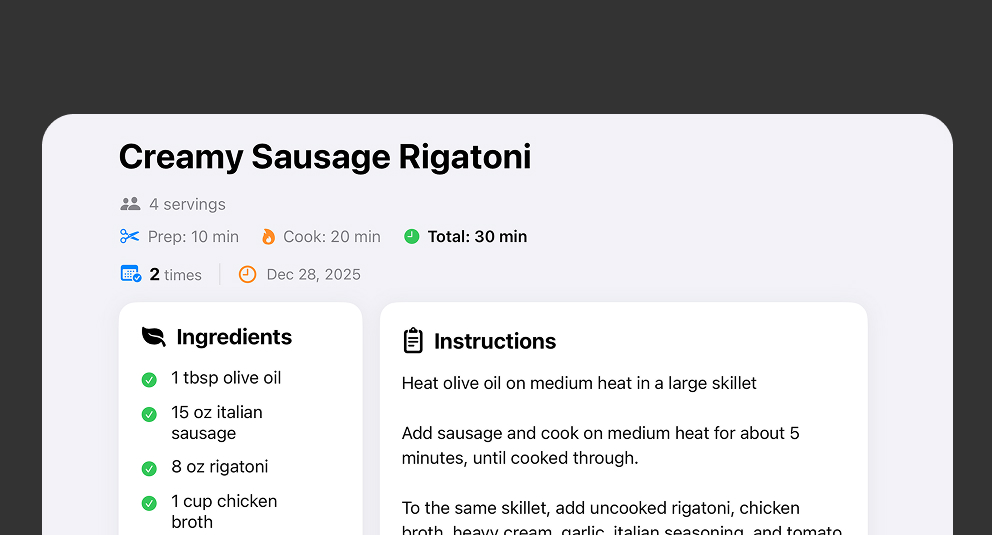 Recipe detail view showing ingredients and instructions side by side for hands-free cooking