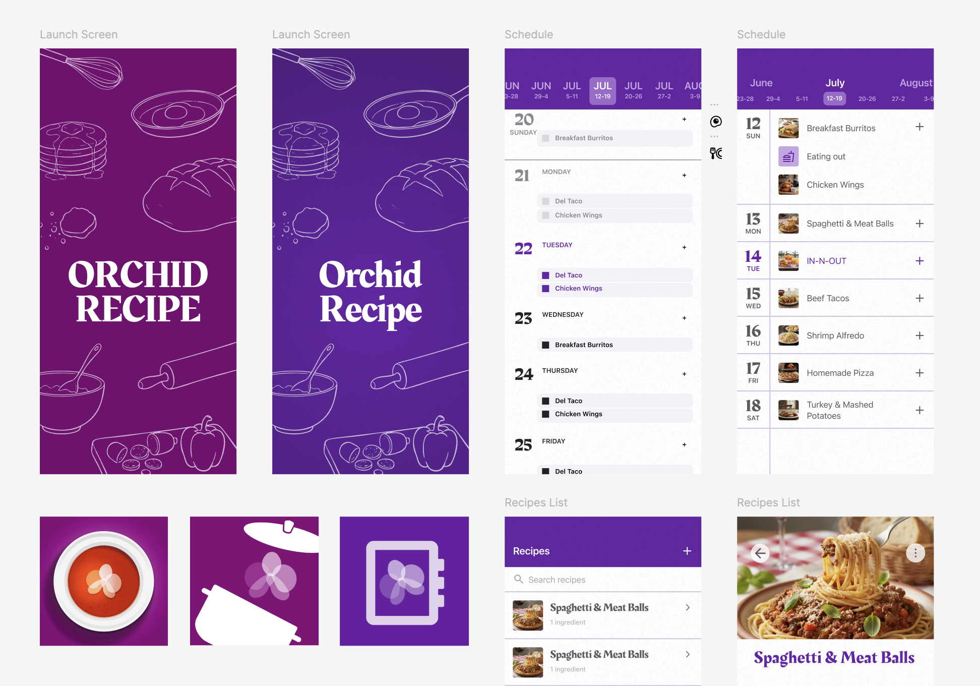 Design explorations showing launch screen variations, calendar schedule views, and recipe list layouts