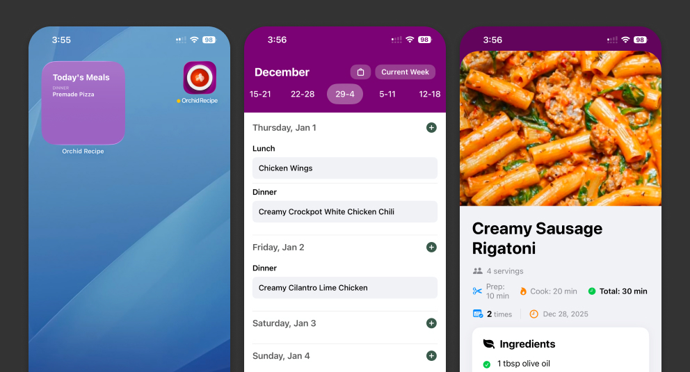 Orchid Recipe app showing the home screen widget, weekly meal calendar, and recipe detail view