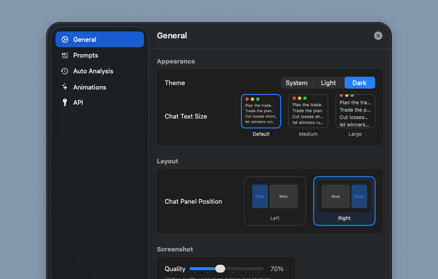 Trading Sidecar settings screen showing theme, text size, layout, and screenshot quality options