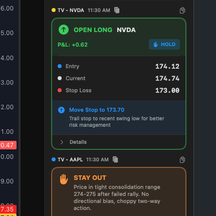 v2 action cards showing OPEN LONG and STAY OUT suggestions with color-coded status